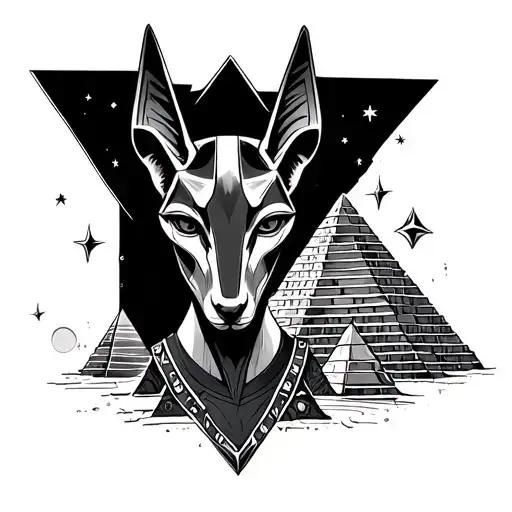 Anubis and pyramids and stars tattoo design idea
