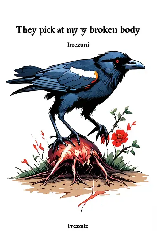 The text" They pick at my broken body" and an image of a raven picking at a roadkill tattoo design idea