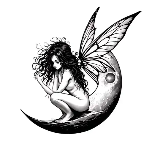 Fairy squatting on one moon and soliel in two tattoo design idea