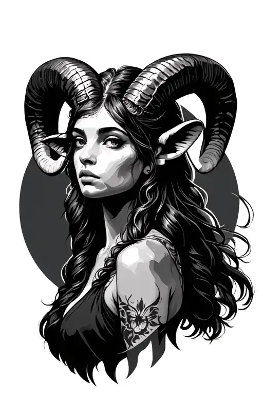woman with ram horns tattoo design idea