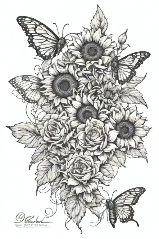 intertwined roses and sunflowers with vines, a honeybee tattoo design idea