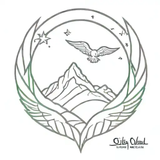 angle wings  with a mountain background and stary sky girly tattoo design idea