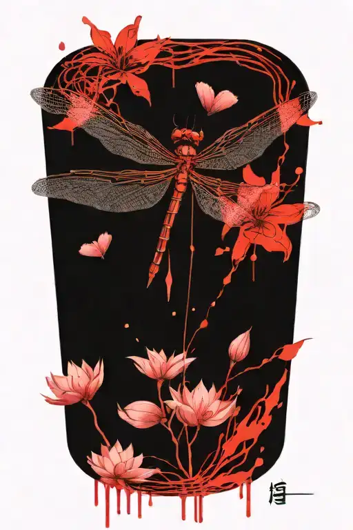 Dragonfly resting on a lotus flower with cherry blossom petals falling around them tattoo design idea
