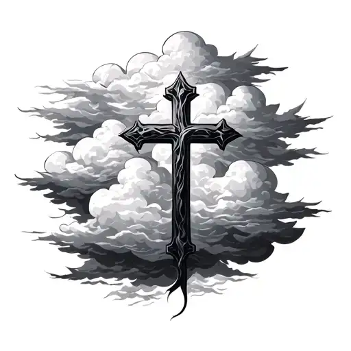 cross in clouds floating tattoo design idea
