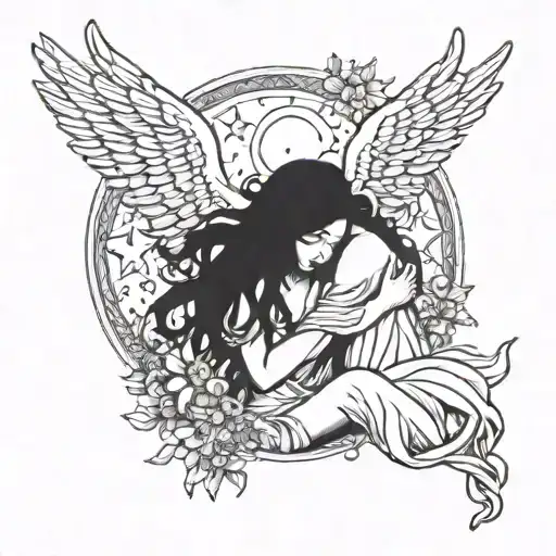 female angel hugging female with dark hair moon sun stars tattoo design idea