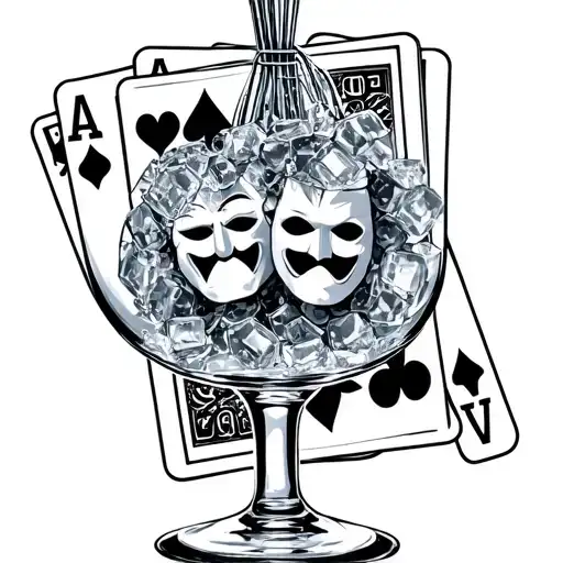 Whisk Ice glass, 4 poker cards, two data, two masks (happy and sad) tattoo design idea