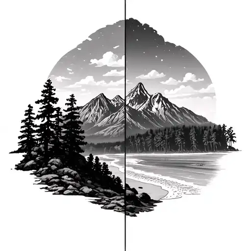 Colorado mountain scene with trees on one side and beach scene with palm trees on the other side tattoo design idea