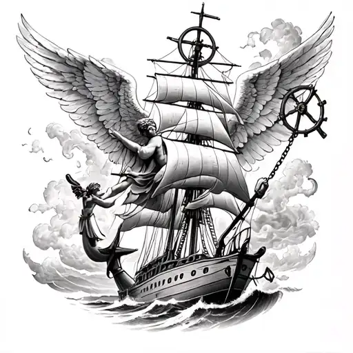 angel removing his wings in the ship sailing through stormy, with anchor, chain, and steering wheel tattoo design idea