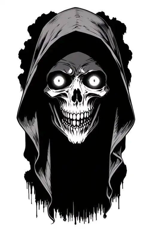 grim reaper with no skull and glowing eyes and a body wearing a cloak face me tattoo design idea