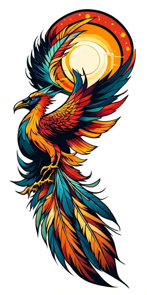 full sleeve, taino sun with phoenix feather and soundwave. color, with kintsugi running through tattoo tattoo design idea