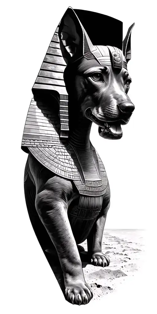 Egyptian tatoo with bird or dog dog drawing mixing sphinx and pyramids tattoo design idea