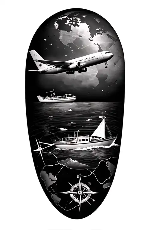 Create an upper arm tattoo sleeve with travel theme including an airplane, boat, compass, and world map tattoo design idea