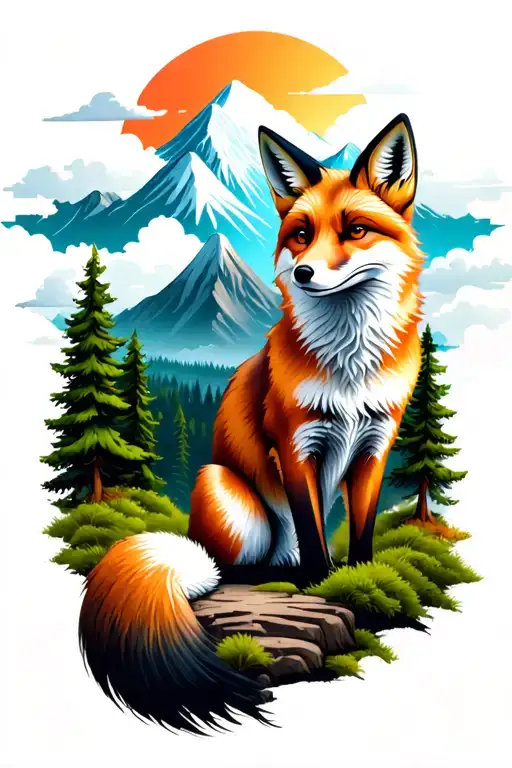 In one area include a nature concept with a fox, forest, mountains, clouds tattoo design idea