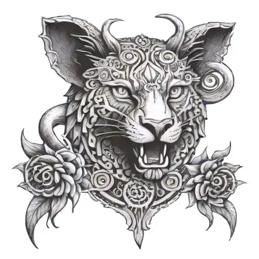 A mythological creature inspired by ancient history and astrology, incorporating wild animals and music elements tattoo design idea