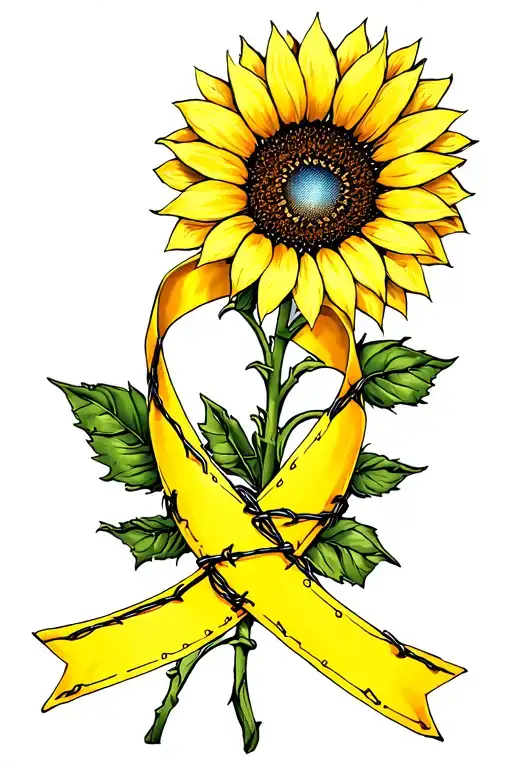endometriosis survivor yellow ribbon barbed wire wrapped sunflower  tattoo design idea