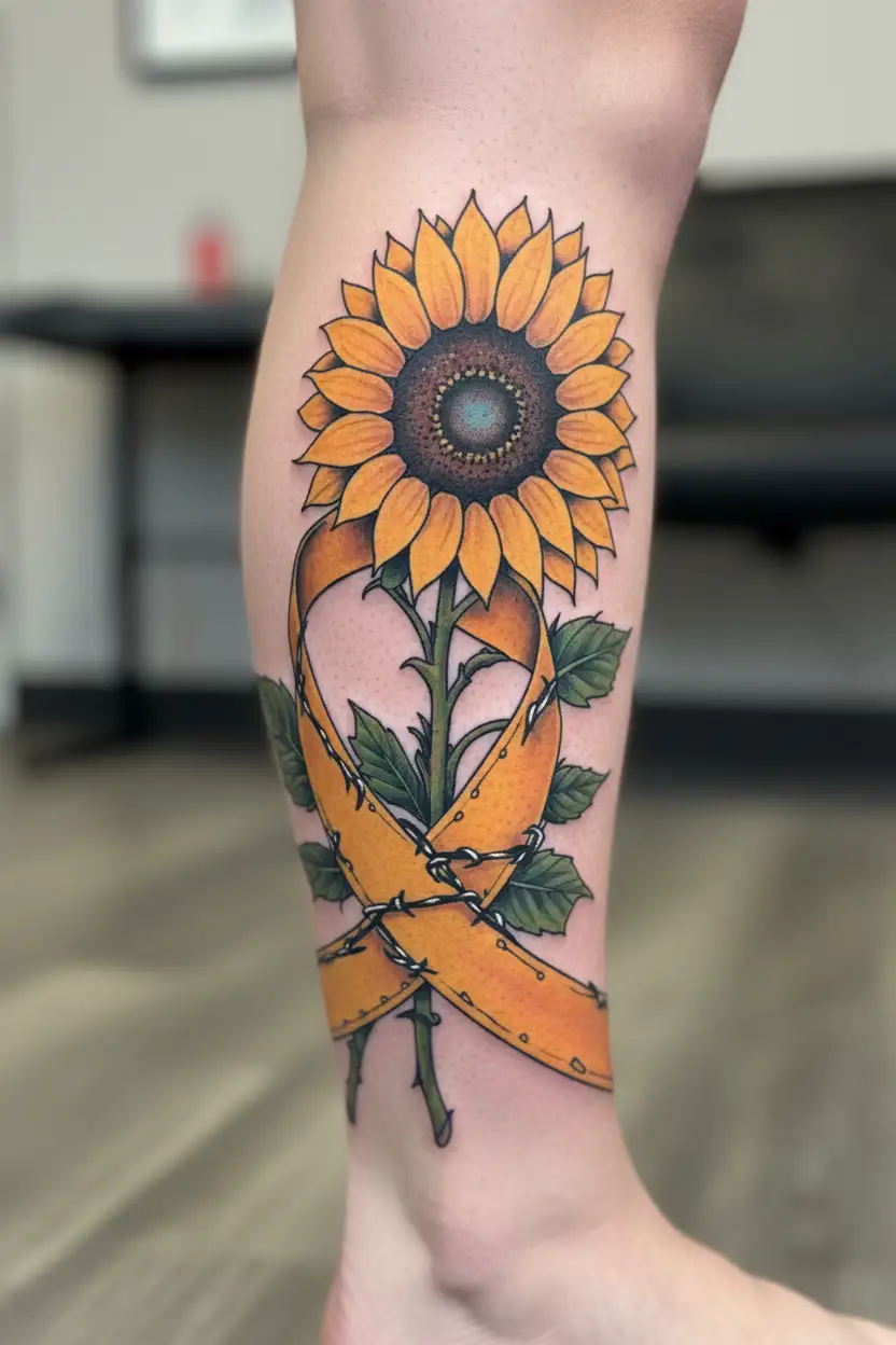 endometriosis survivor yellow ribbon barbed wire wrapped sunflower  tattoo design idea