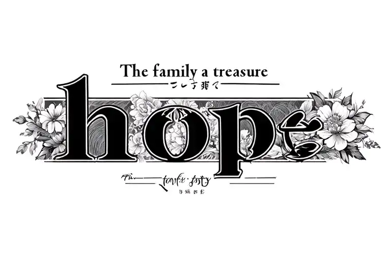 The word hope and a phrase "The family is a treasure" in Japanese with a beautiful calligraphy and a light decor around tattoo design idea