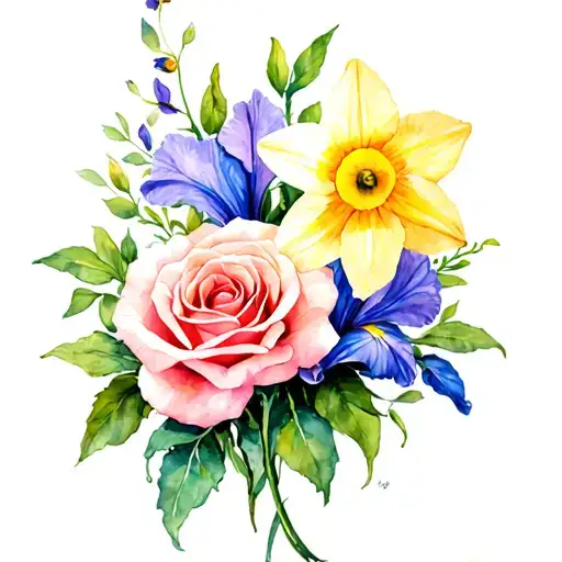 rose, daffodils, carnation and iris memorial love tattoo design idea