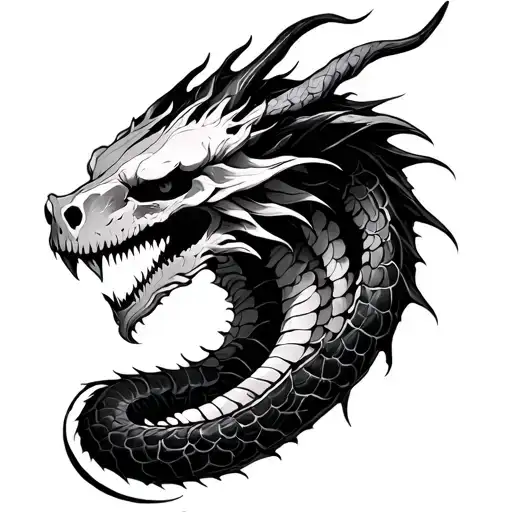 Blackwork tattoo design, serpent-like dragon with skull head, no wings or scales, long smooth body with visible spine an tattoo design idea