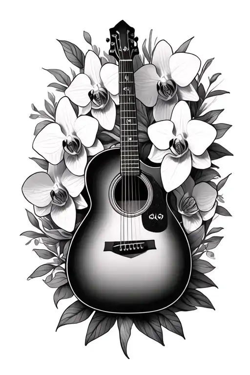 memorial tattoo with guitar surrounded by orchids tattoo design idea