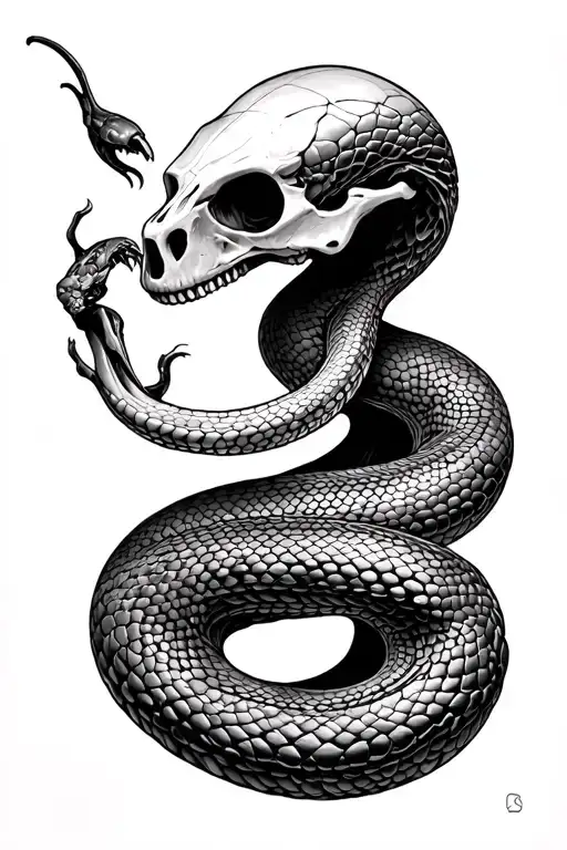 dark tattoo art, snake skeleton hybrid, blackwork tattoo, biomechanical elements, macabre illustration tattoo design idea