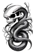 dark tattoo art, snake skeleton hybrid, blackwork tattoo, biomechanical elements, macabre illustration tattoo design idea