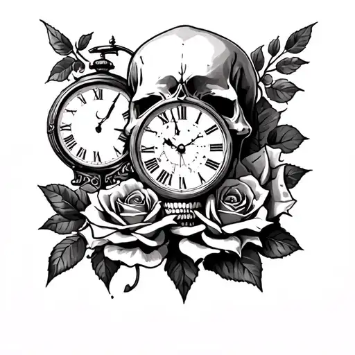 Upper arm sleeve tattoo for men includes skull, rose, broken clock, and phonex fether, and mention letter still standing tattoo design idea