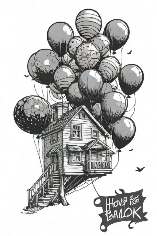 house from up with a black balloon flying away fron the rest with a purple ribbon tattoo design idea
