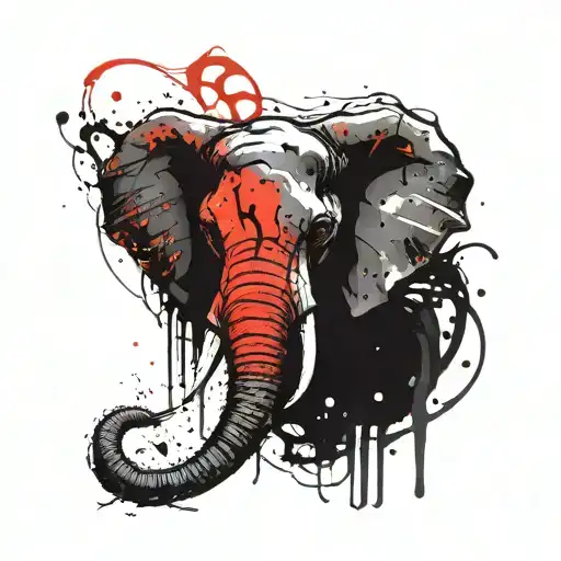 HD background, black and white tones, sinister elephant head tattoo, realistic style, 4:9 format tattoo design idea