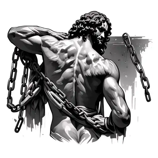 Jesus, shown from behind with shackles holding him down with arms going down his waist relaxed with muscles visible tattoo design idea