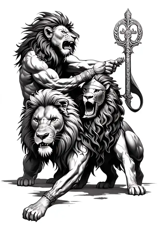 lion and gladiator fighting tattoo design idea