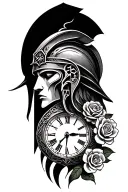 Spartan face on shoulder fading into black forms a clock with runes on the sides and mini roses near the elbow tattoo design idea