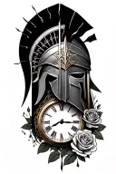 Spartan face on shoulder fading into black forms a clock with runes on the sides and mini roses near the elbow tattoo design idea
