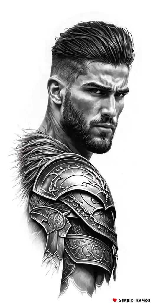 Black and gray full sleeve tattoo of Sergio Ramos as a Spartan warrior. tattoo design idea