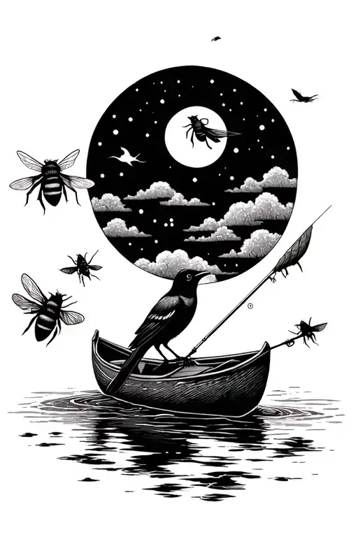 blackbird, moon, bee, and fishing in a canoe tattoo design idea