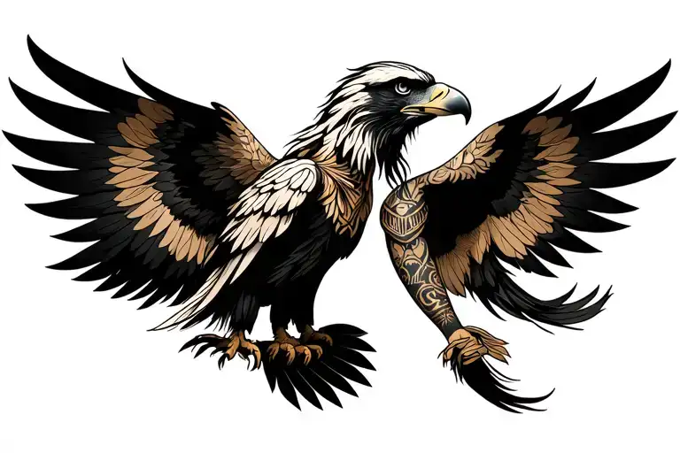 full sleeve tattoo featuring eagle on bicep open wings onto shoulder an chest, inner forearm of natiive indian lady tattoo design idea