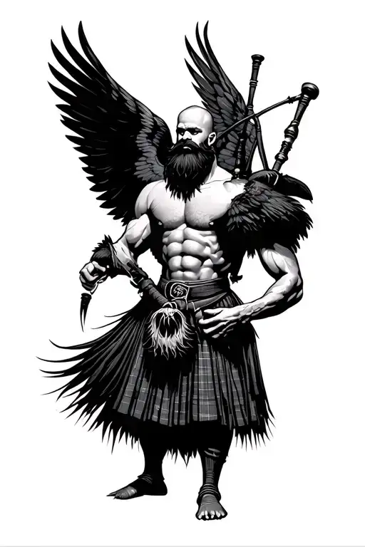muscular bagpiper bald black beard black huge wings on  back playing the bagpipes flying crow with claws hairy chest tattoo design idea