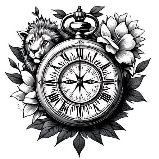 pocket watch, compass, lion, flowers surrounding tattoo design idea