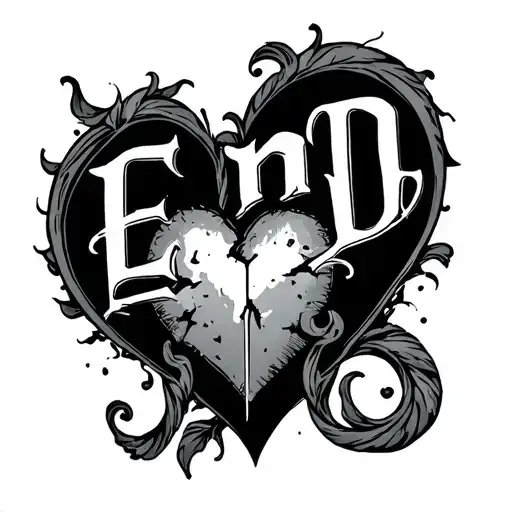the end inscription combined with a broken heart tattoo design idea