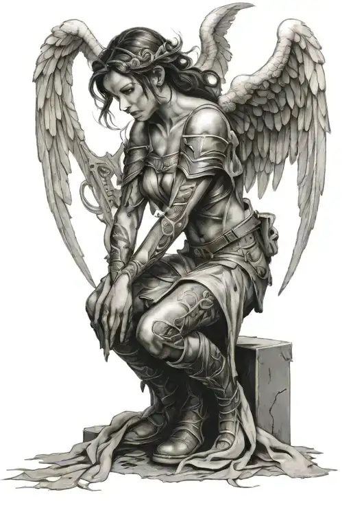 female  angel kneeling,  surrounded by dead soldiers tattoo design idea