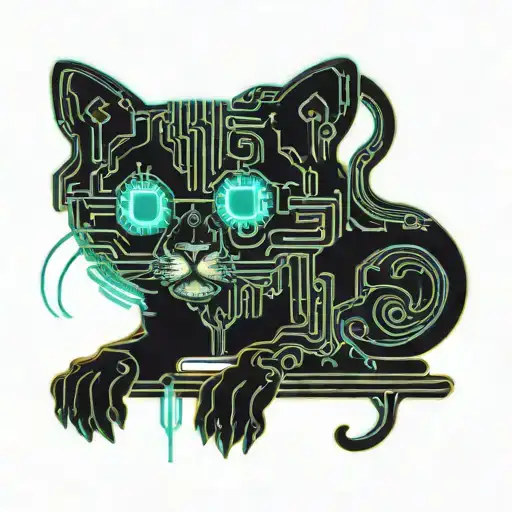 A tattoo of a cat programmer coding on a laptop with digital code swirling around them tattoo design idea