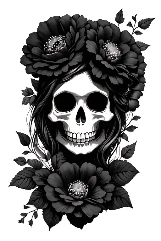 girly skull and flowers tattoo design idea
