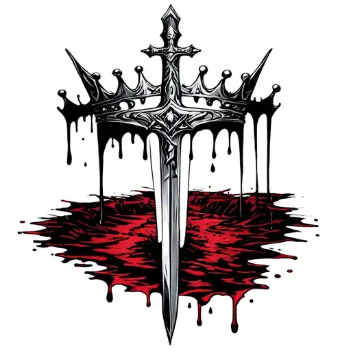 "Sword is a crown" a sword that is in the ground in the shape of a Jesus cross on the sword is blood drips down onto the Schwr tattoo design idea