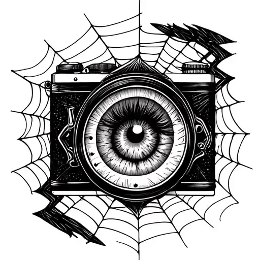 camera and spider web with girl eye surrounded tattoo design idea