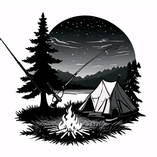 A peaceful scene of a campfire under the stars, with a fishing rod leaning against a tree and a tent in the background tattoo design idea