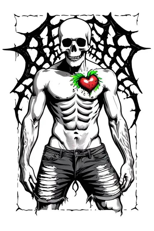black and grey soft shading Skelton man no shirt ripped shorts a heart that's green like emerald  spider webs  tattoo design idea