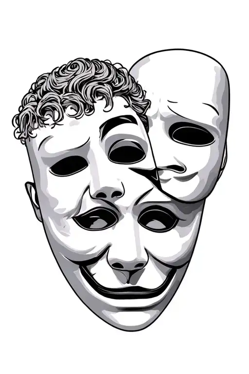 comedy tragedy mask black and grey , two masks and one face in the middle tattoo design idea