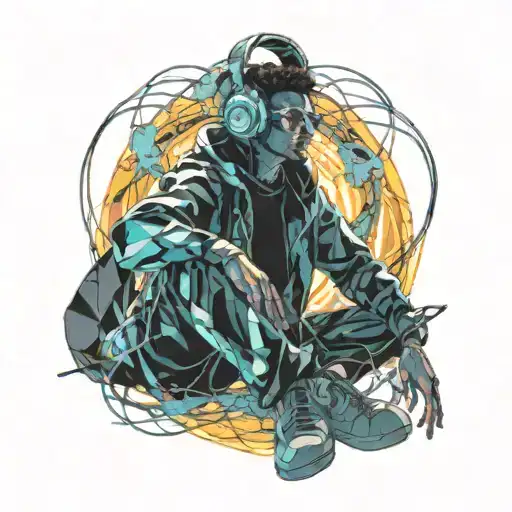 A traveler sitting cross-legged, floating in the infinite space of his mind, wearing a modern headset with dark metallic colors. His body is surrounded by a luminous aura in shades of electric. Pulsating waves of energy emanate from the headset, creating abstract and fluid shapes around him, like visual echoes of the music he is listening to. In the background, mental landscapes take shape: a sea of stars, suspended mountains, and glowing fragments of memories floating in the air. The atmosphere is futuristic, immersive, and introspective, evoking an inner journey through music and thoughts tattoo design idea
