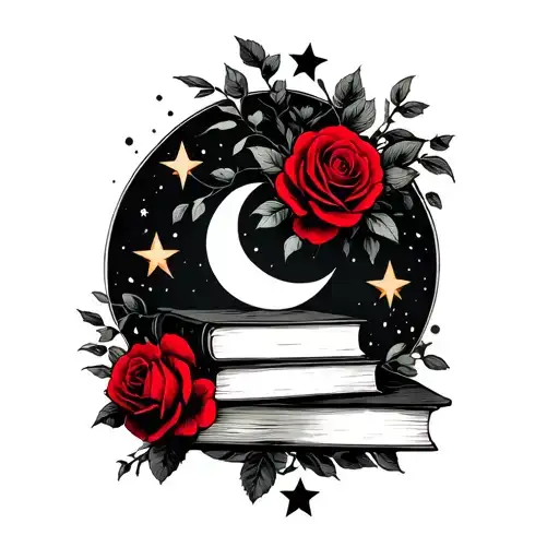a dark romance vibe dark red roses stars moons and a stack of books make it ethereal with shadows & vines and dark green tattoo design idea