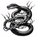 a chain that sprouts from each finger that connects at the forearm into a DNA spiral that turns into the tail of a snake tattoo design idea